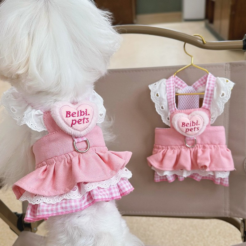 Breathable Denim Dog Dress with Leash for Small Breeds