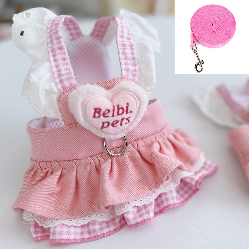 Breathable Denim Dog Dress with Leash for Small Breeds