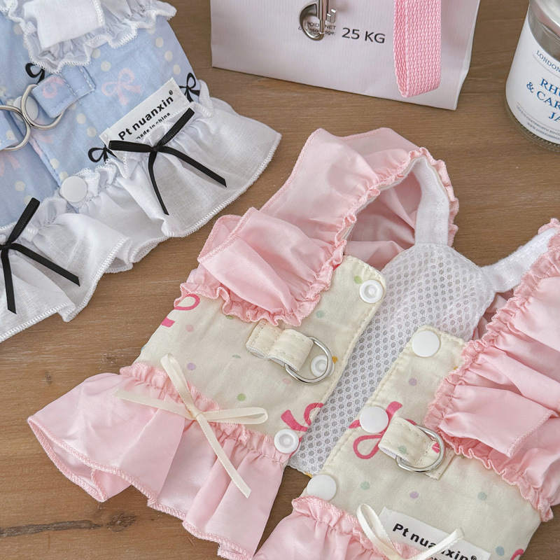 Blue and White Lace Dog Harness Dress for Small Pets