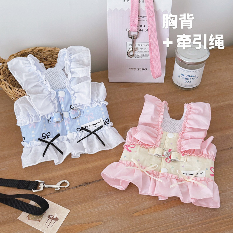 Blue and White Lace Dog Harness Dress for Small Pets